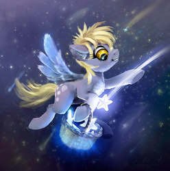Size: 1724x1738 | Tagged: safe, artist:xbi, derpy hooves, pegasus, pony, g4, basket, chest fluff, cute, derpabetes, female, flying, mare, shooting star, shooting stars, solo, stars, tabun art-battle finished after, tangible heavenly object