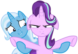 Size: 7200x5000 | Tagged: safe, artist:greenmachine987, starlight glimmer, trixie, pony, unicorn, all bottled up, g4, season 7, absurd resolution, annoyed, duo, duo female, female, floppy ears, frown, grin, mare, nervous, nervous smile, simple background, smiling, starlight glimmer is not amused, transparent background, trixie's puppeteering, unamused, underhoof, vector