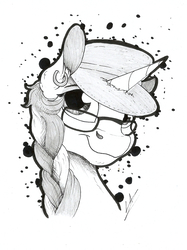 Size: 1632x2184 | Tagged: safe, artist:lupiarts, oc, oc only, oc:amarynceus, pony, unicorn, braid, bust, ear piercing, earring, female, glasses, hat, jewelry, lineart, mare, monochrome, piercing, portrait, simple background, smiling, solo, white background