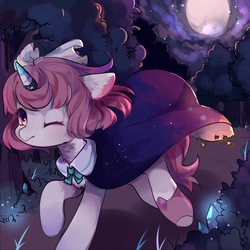 Size: 2362x2362 | Tagged: safe, artist:nitrogenowo, oc, oc only, oc:starry, pony, unicorn, cape, clothes, female, forest, full moon, high res, mare, moon, night, one eye closed, path, scenery, solo, stars, wink