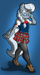 Size: 486x891 | Tagged: safe, artist:theburningdonut, silver spoon, earth pony, anthro, plantigrade anthro, g4, blue background, braid, clothes, cute, female, filly, glasses, plaid, pleated skirt, ponytail, school uniform, schoolgirl, shoes, silverbetes, simple background, skirt, socks, solo, thigh highs, zettai ryouiki