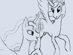 Size: 4000x3000 | Tagged: safe, artist:firemuffin, princess celestia, princess luna, g4, flying, looking at each other, monochrome, sketch, smiling