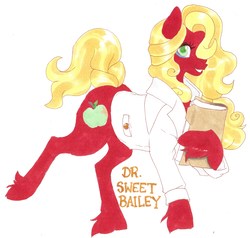 Size: 9008x8560 | Tagged: safe, artist:frozensoulpony, oc, oc only, oc:sweet bailey, earth pony, pony, absurd resolution, clothes, female, lab coat, mare, offspring, parent:applejack, parent:jet set, parents:applejet, solo, traditional art