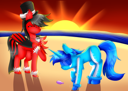 Size: 4600x3300 | Tagged: safe, artist:tomboygirl45, oc, oc only, oc:midnight flame, oc:snow drift, bat pony, pony, unicorn, female, hat, high res, mare, red and black oc, sunglasses, sunset, top hat