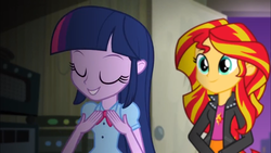 Size: 1366x768 | Tagged: safe, screencap, sunset shimmer, twilight sparkle, equestria girls, g4, my little pony equestria girls: rainbow rocks, cute, door, eyes closed, grin, night, smiling, twiabetes, warehouse