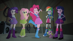 Size: 1366x768 | Tagged: safe, screencap, applejack, fluttershy, pinkie pie, rainbow dash, rarity, spike, twilight sparkle, dog, equestria girls, g4, my little pony equestria girls: rainbow rocks, boots, cute, diapinkes, excited, happy, high heel boots, mane seven, mane six, shoes, smiling, spike the dog, warehouse, yay