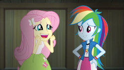 Size: 1366x768 | Tagged: safe, screencap, fluttershy, rainbow dash, equestria girls, g4, my little pony equestria girls: rainbow rocks, cute, excited, faic, female, happy, smiling, warehouse, yay