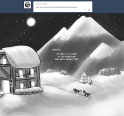 Size: 1500x1409 | Tagged: safe, artist:nimaru, oc, oc only, oc:crystal quarry, oc:heartsong, pony, ask, lodge, monochrome, mountain, night, running, snow, tumblr, winter
