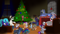 Size: 3200x1800 | Tagged: safe, artist:ilyasnow, oc, oc only, oc:butter cream, oc:ferrum, oc:krafty kitsune, oc:light landstrider, oc:procelle, changeling, pony, christmas, christmas tree, evergreen tree, fireplace, happy new year 2018, holiday, new year, newspaper, present, toy, tree