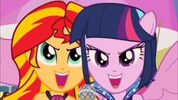 Size: 1366x768 | Tagged: safe, screencap, sunset shimmer, twilight sparkle, equestria girls, g4, my little pony equestria girls: rainbow rocks, >:d, happy, open mouth, smiling, smirk, welcome to the show