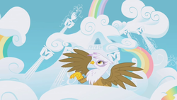 Size: 1366x768 | Tagged: safe, screencap, gilda, griffon, g4, griffon the brush off, cloud, female, majestic, rainbow dash's house, solo, spread wings, wings