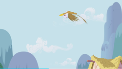 Size: 1366x768 | Tagged: safe, screencap, gilda, griffon, g4, griffon the brush off, cottage, female, flying, mountain, ponyville, solo, upside down