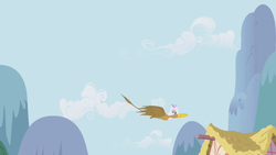 Size: 1366x768 | Tagged: safe, screencap, gilda, griffon, g4, griffon the brush off, cottage, female, flying, mountain, ponyville, solo