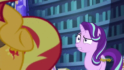 Size: 1920x1080 | Tagged: safe, edit, screencap, starlight glimmer, sunset shimmer, pony, unicorn, equestria girls, equestria girls specials, g4, mirror magic, anatomically incorrect, animated, bipedal, book, bookshelf, cute, discovery family logo, dubbing, female, grimace, hooves on hips, in the human world for too long, incorrect leg anatomy, it happened, japanese, japanese dub, library, mare, pawing the ground, portal, raised eyebrow, raised hoof, saddle bag, shimmerbetes, sound, twilight's castle, twilight's castle library, webm