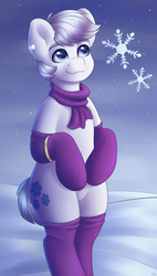 Size: 1700x3000 | Tagged: safe, artist:spirit-dude, double diamond, earth pony, pony, g4, bipedal, clothes, cute, male, scarf, smiling, snow, snowfall, snowflake, solo, stallion, stockings, thigh highs