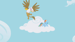 Size: 1366x768 | Tagged: safe, screencap, gilda, rainbow dash, griffon, pegasus, pony, g4, griffon the brush off, cloud, cutie mark, duo, eyes closed, female, flying, hooves, mare, on a cloud, spread wings, standing on a cloud, wings