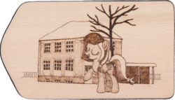 Size: 2836x1625 | Tagged: safe, artist:malte279, oc, oc only, oc:colonia, earth pony, pony, mascot, pyrography, traditional art, tree