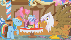 Size: 1366x768 | Tagged: safe, screencap, gilda, rainbow dash, griffon, g4, griffon the brush off, excited, griffon teeth, grin, happy, majestic, present, smiling, spread wings, teeth, when she smiles, wings