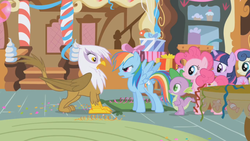 Size: 1366x768 | Tagged: safe, screencap, bon bon, gilda, pinkie pie, rainbow dash, spike, sweetie drops, twilight sparkle, dragon, griffon, g4, griffon the brush off, angry, shocked