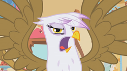 Size: 1366x768 | Tagged: safe, screencap, gilda, griffon, g4, griffon the brush off, angry, faic, female, frown, glare, looking at you, open mouth, solo, spread wings, tongue out, upset, wings