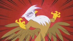 Size: 1366x768 | Tagged: safe, screencap, gilda, griffon, g4, griffon the brush off, angry, eyes closed, female, majestic, open beak, rage, rearing, red background, roar, simple background, solo, spread wings, wings