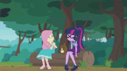 Size: 1280x720 | Tagged: safe, screencap, fluttershy, sci-twi, twilight sparkle, squirrel, equestria girls, equestria girls series, g4, text support, animated, feet, female, flustered, geode of fauna, geode of telekinesis, magical geodes, phone, sandals, sound, startled, text support: fluttershy, twilighting, webm