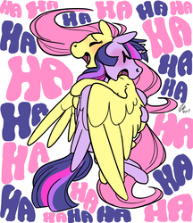 Size: 1500x1733 | Tagged: safe, artist:rwl, fluttershy, twilight sparkle, alicorn, pegasus, pony, g4, blushing, cute, eyes closed, female, hug, laughing, laughingmares.jpg, lesbian, mare, open mouth, ship:twishy, shipping, shyabetes, simple background, smiling, text, twiabetes, twilight sparkle (alicorn), white background, winghug