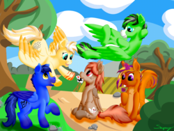 Size: 3000x2250 | Tagged: safe, artist:saxpony, oc, oc only, oc:conical flask, oc:featherkah, oc:quick squeak, oc:skaj, oc:turtle dove, pegasus, pony, unicorn, beige, blue, brown, female, fun, ginger, green, group, high res, male, mare, red, smiling, stallion, tree