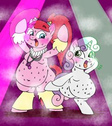 Size: 1059x1200 | Tagged: safe, artist:tuta suke, pacific glow, sweetie belle, pony, g4, belly, belly button, bipedal, breasts, dancing, fat, fat boobs, sweat, sweetie belly