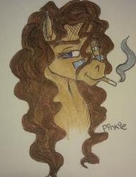 Size: 1840x2398 | Tagged: safe, artist:devi, oc, oc only, oc:cats milly, earth pony, pony, bust, cats millionaire, cigarette, earth pony oc, head, portrait, smoking, solo, traditional art