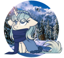 Size: 1085x977 | Tagged: safe, artist:cloud-fly, oc, oc only, oc:tera, pony, unicorn, chibi, cloak, clothes, female, forest, mare, mountain, mountain range, sitting, snow, solo, tree, winter