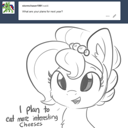 Size: 3000x3000 | Tagged: safe, artist:tjpones, oc, oc only, oc:brownie bun, earth pony, pony, horse wife, ask, bust, chest fluff, dialogue, ear fluff, female, grayscale, high res, mare, monochrome, simple background, solo, tumblr, white background
