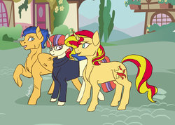 Size: 1024x731 | Tagged: safe, artist:consistingg, flash sentry, moondancer, sunset shimmer, pony, unicorn, g4, bisexual, female, flashmoonshimmer, lesbian, male, polyamory, ship:flashdancer, ship:flashimmer, ship:moonset, shipping, straight
