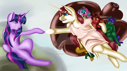 Size: 1024x577 | Tagged: safe, artist:blackdawnyaoilover, twilight sparkle, oc, oc:fausticorn, alicorn, pegasus, pony, unicorn, g4, faust worship, female, fine art parody, folded wings, goddess, hooves, horn, lauren faust, mare, painting, ponified, the creation of adam, twilight sparkle (alicorn), watermark, wings