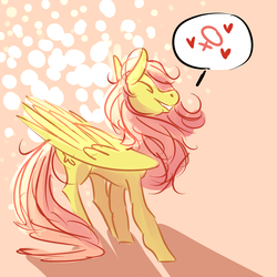 Size: 3000x3000 | Tagged: safe, artist:fiftyratsinatrenchcoat, fluttershy, pegasus, pony, g4, eyes closed, female, heart, high res, implied lesbian, smiling, solo, speech bubble, wings