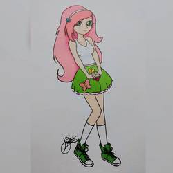 Size: 1955x1955 | Tagged: safe, artist:mrs-kayros, fluttershy, equestria girls, g4, converse, female, human coloration, shoes, solo, traditional art