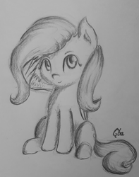 Size: 2964x3768 | Tagged: safe, artist:qbellas, fluttershy, pegasus, pony, g4, female, folded wings, high res, looking at you, monochrome, sitting, smiling, solo, traditional art