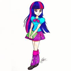 Size: 1080x1080 | Tagged: safe, artist:mrs-kayros, twilight sparkle, human, equestria girls, g4, beautiful, book, clothes, cute, female, human coloration, looking at you, skirt, smiling, smiling at you, solo, traditional art