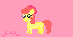 Size: 1018x523 | Tagged: safe, artist:sumi-mlp25, apple bloom, earth pony, pony, g4, bow, female, filly, ms paint, pink background, red eyes, signature, simple background, solo