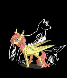 Size: 3000x3500 | Tagged: safe, artist:fiftyratsinatrenchcoat, fluttershy, hedgehog, owl, pegasus, pony, wolf, g4, animal, high res, messy mane, standing, wings