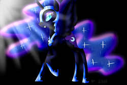 Size: 6000x4000 | Tagged: safe, artist:madpadwonders, nightmare moon, alicorn, pony, g4, antagonist, armor, black background, blue eyes, clothes, ethereal mane, evil, evil grin, eyeshadow, female, grin, helmet, horn, jewelry, makeup, mare, peytral, shoes, simple background, smiling, solo, sparkles, wings