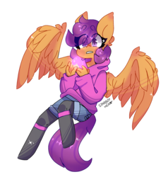 Size: 1552x1627 | Tagged: safe, artist:starboy-hen, scootaloo, oc, oc:ponytale scootaloo, anthro, unguligrade anthro, comic:ponytale, g4, clothes, crossover, cute, cutealoo, female, heart, hoodie, jeans, purple eyes, scootaloo loves sans, shorts, simple background, solo, soul, surprised, transparent background, undertale, wings