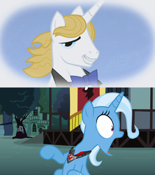 Size: 1280x1440 | Tagged: safe, edit, edited screencap, screencap, prince blueblood, trixie, g4, magic duel, the ticket master, alicorn amulet, bowtie, fantasy, female, jaw drop, love at first sight, male, ship:bluetrix, shipping, shipping domino, smiling, straight, wavey hair