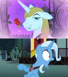 Size: 1280x1440 | Tagged: safe, edit, edited screencap, screencap, prince blueblood, trixie, pony, unicorn, g4, magic duel, the best night ever, alicorn amulet, fantasy, female, jaw drop, love at first sight, male, rose in mouth, ship:bluetrix, shipping, shipping domino, smiling, sparkling, straight