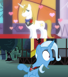 Size: 1280x1440 | Tagged: safe, edit, edited screencap, screencap, prince blueblood, trixie, pony, unicorn, g4, magic duel, the best night ever, alicorn amulet, fantasy, female, heart, jaw drop, love at first sight, male, ship:bluetrix, shipping, shipping domino, straight