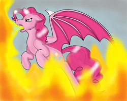 Size: 1023x816 | Tagged: safe, artist:daedric-dragon, pinkie pie, dracony, dragon, hybrid, pony, g4, dragonified, female, fire, fire breath, mare, pinkiedragon, solo, species swap