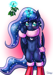 Size: 1034x1453 | Tagged: safe, artist:skorpionletun, princess luna, alicorn, semi-anthro, g4, belly button, bipedal, blushing, clothes, cute, female, looking at you, lunabetes, mare, mistletoe, scarf, smiling, socks, solo
