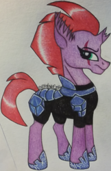 Size: 720x1112 | Tagged: safe, artist:raritylover152, tempest shadow, pony, unicorn, g4, my little pony: the movie, armor, broken horn, eye scar, female, horn, mare, scar, simple background, solo, sternocleidomastoid, traditional art
