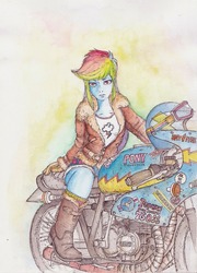 Size: 738x1024 | Tagged: safe, artist:daisymane, rainbow dash, equestria girls, g4, clothes, female, looking at you, motorcycle, multicolored hair, solo, traditional art, watercolor painting