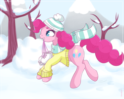 Size: 5000x4000 | Tagged: safe, artist:lemanda, pinkie pie, earth pony, pony, g4, absurd resolution, bundled up for winter, clothes, coat, female, hat, ice skates, mare, scarf, skates, smiling, snow, solo, tree, winter outfit